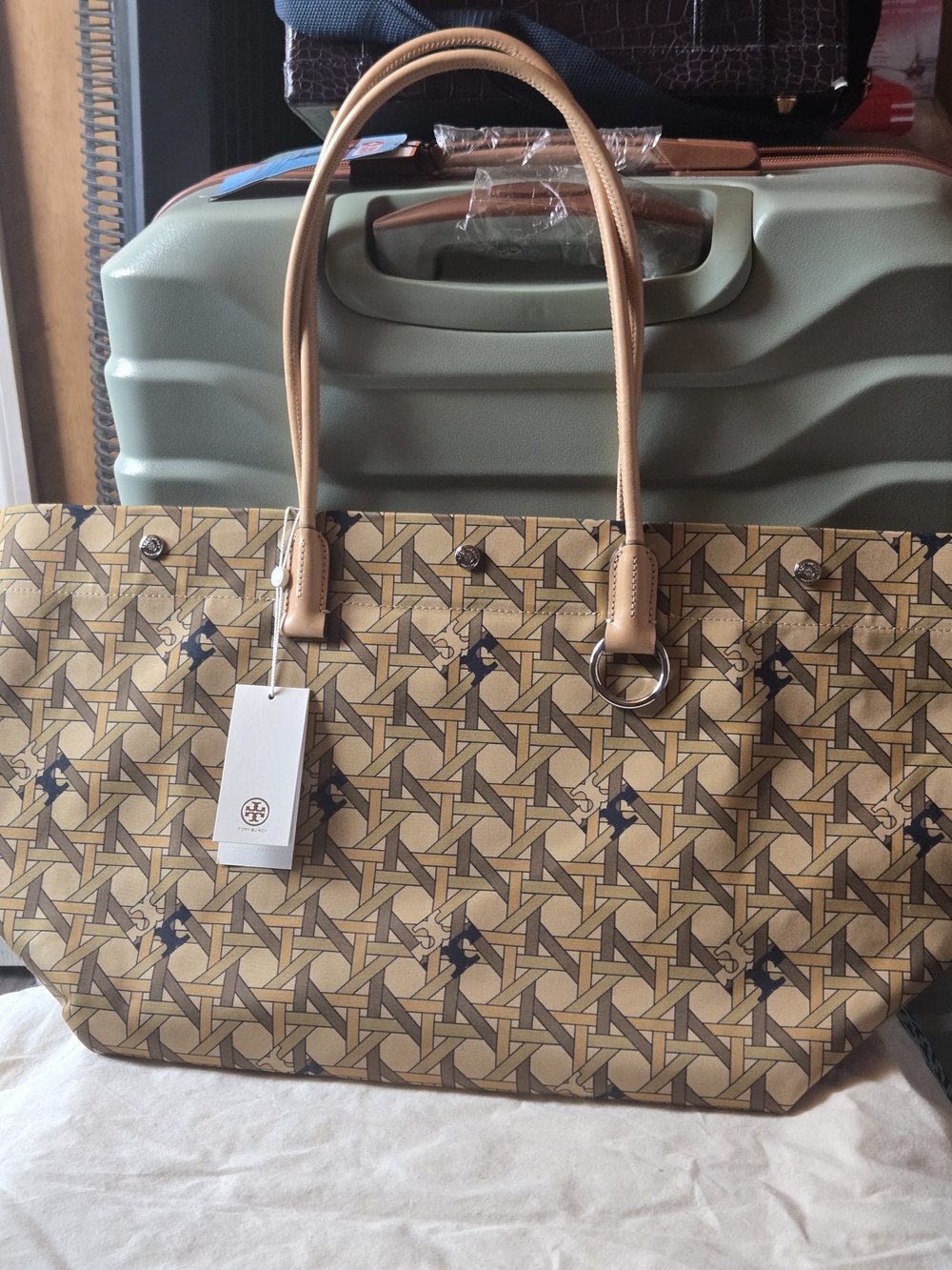 Tory Burch Tan & Navy Geometric Logo Tote